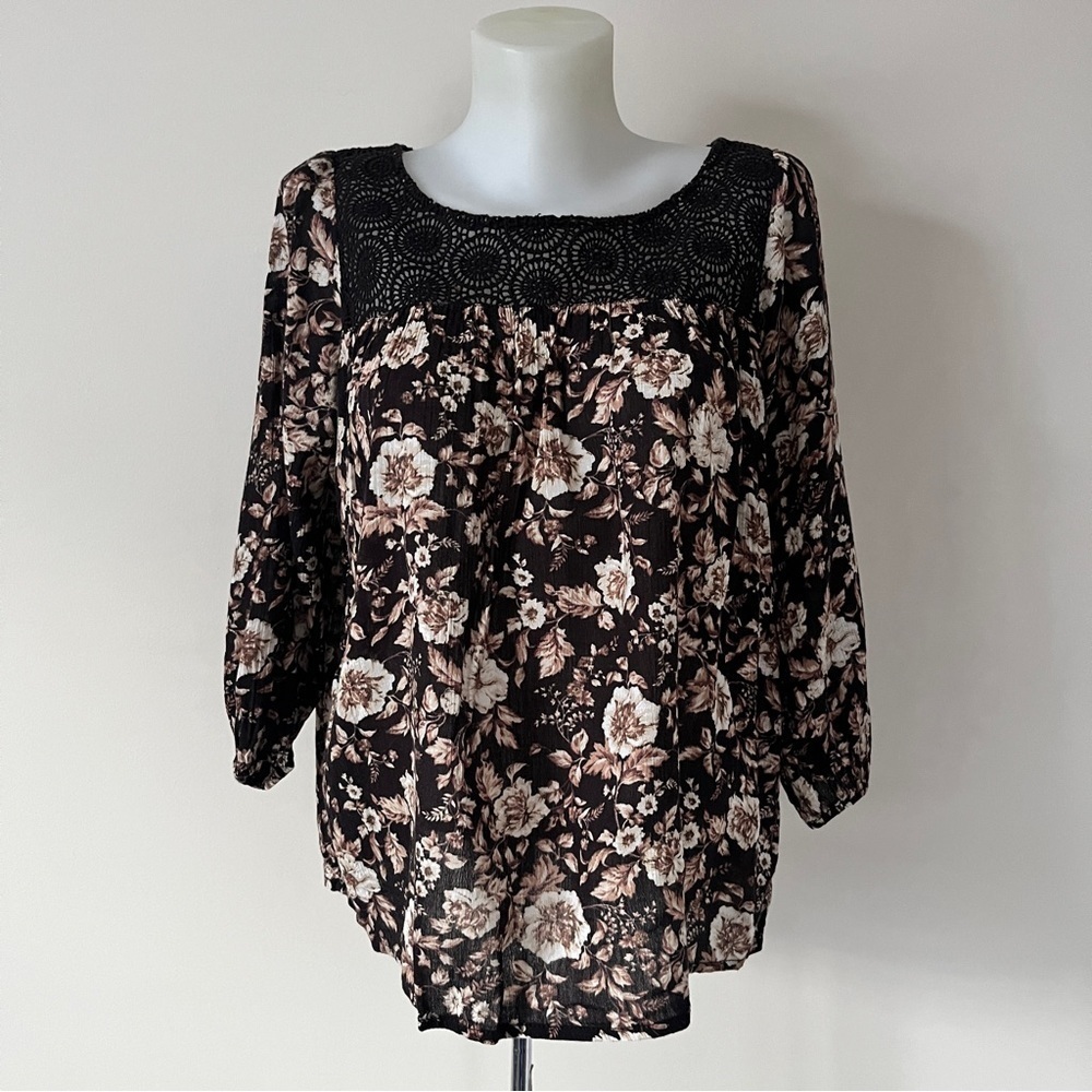 Denim & Supply Ralph Lauren Contrast Floral Lace Top Blouse Brown Tan Sz M